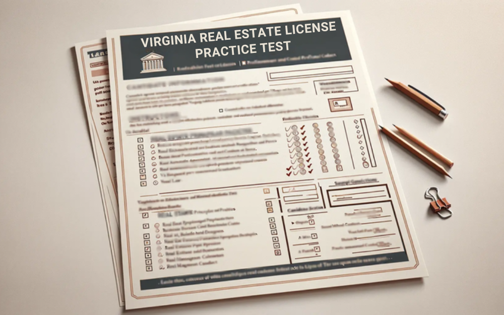 A Virginia real estate license practice test on a desk with pencils and a paper clip.